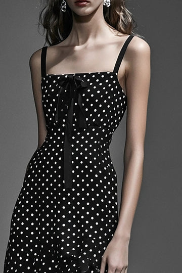 Chiffon Black White Polka Dot Graduation Dress with Ruffles